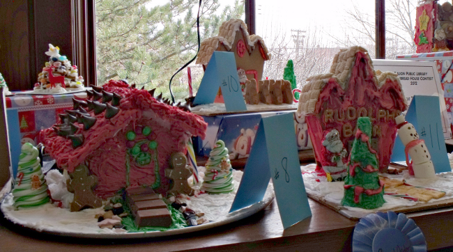[photo of gingerbread houses 8, 10, 11]