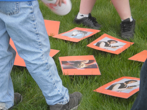 [photo of a matching game laid out on the grass]