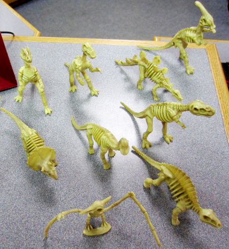 [photo of a set of model dinosaur skeletons]
